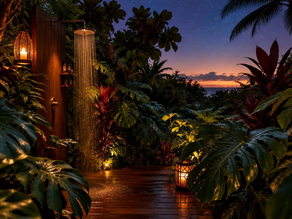 Outdoor shower surrounded by tropical plants